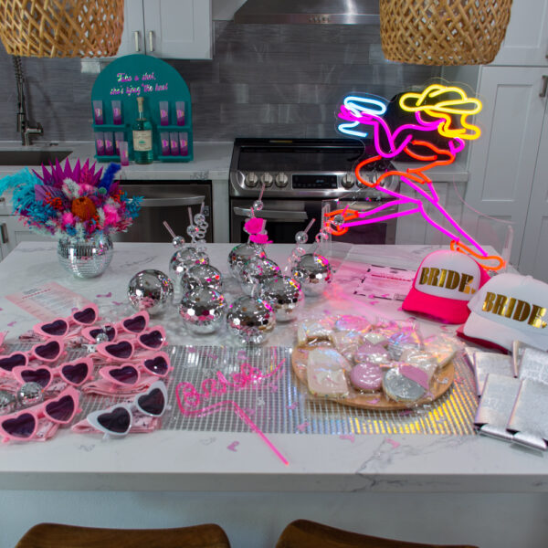 Brides and Baches Disco Cowgirl Table Top setup for bachelorette party.
