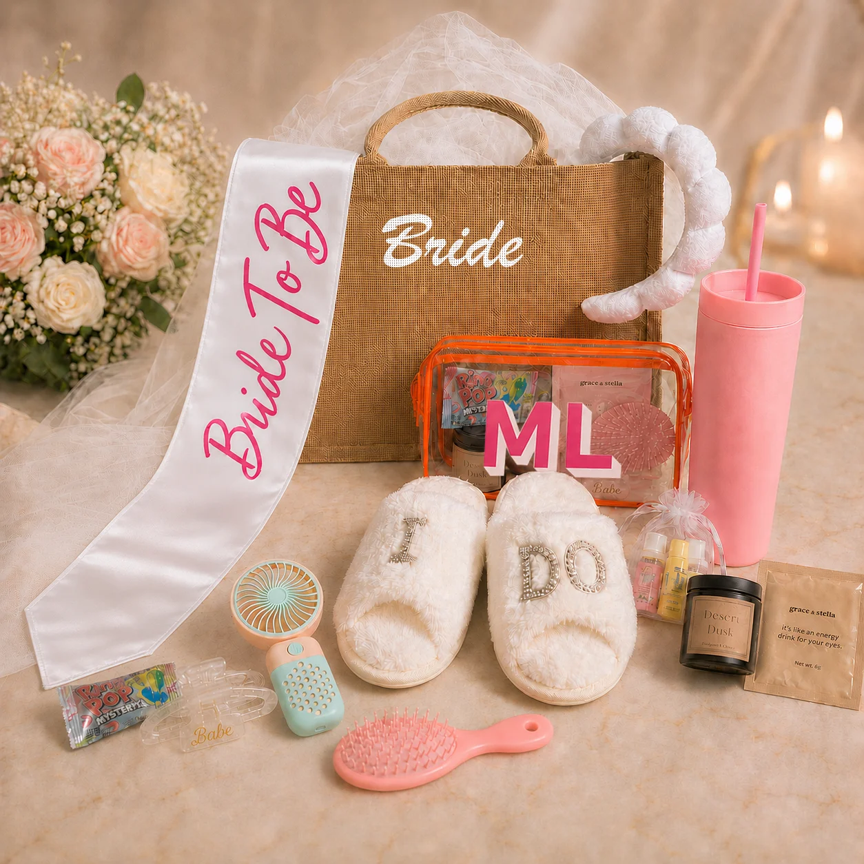 Bride bachelorette gift bag with custom tumbler, hair claw, and beauty items partially packed