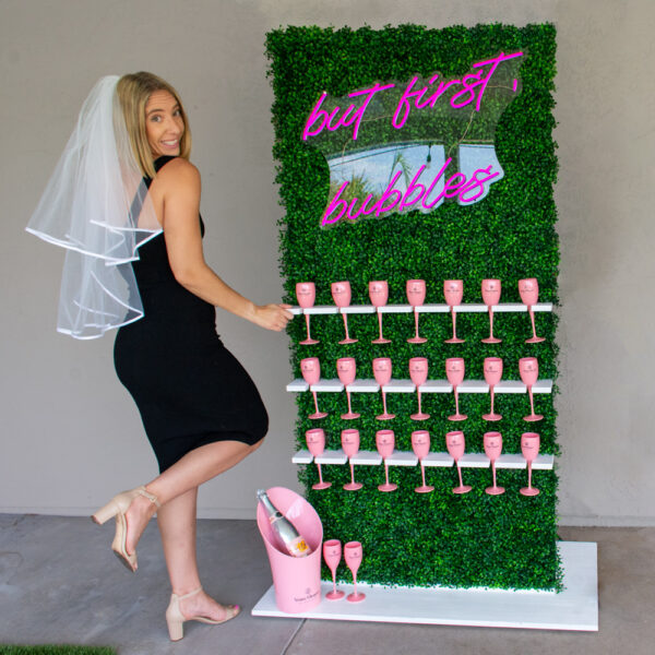 Brides and Baches pink champagne wall add-on with happy bachelorette.