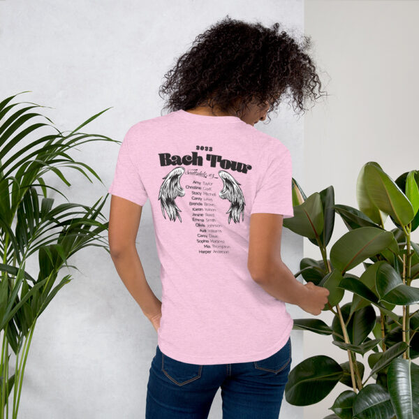 Girl wearing Bach Concert Lilac Tour T-shirt with Custom Names for Brides and Baches Bachelorette Party