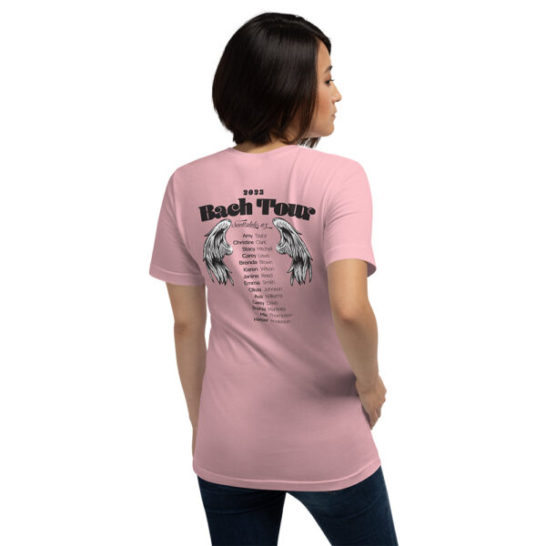 Girl wearing and showing Back of Pink Bach Concert Tour T-shirt for Brides and Baches Bachelorette Party