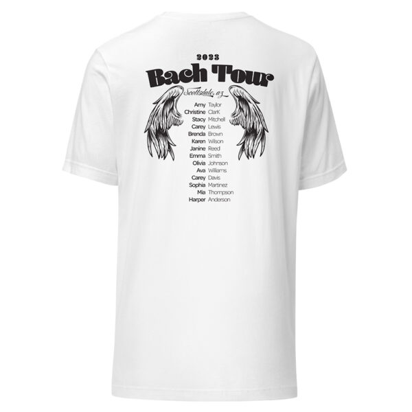 Back of white Bach Concert Tour T-shirt for Brides and Baches Bachelorette Party
