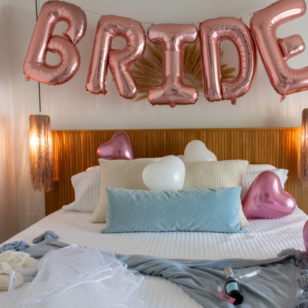 Bride balloons, veil, sash are all part of the brides room decor.